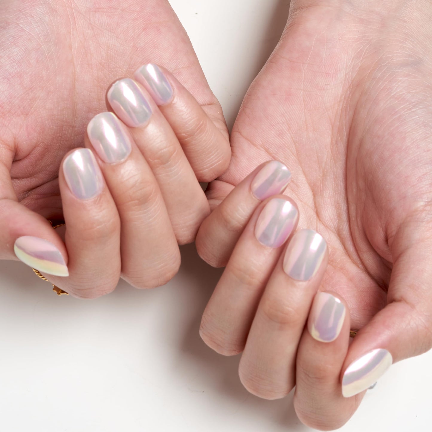GLAMERMAID Pure White Pearl Chrome Extra Short Press on Nails, Glazed Handmade Gel Fake Nails Short Squoval, Mirror Powder Square Glue on Nails, Acrylic False Nails, Glossy Round Fake Nails for Women