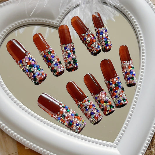 NAIL ANGEL 10PCS/SET Glamorous Handmade Press on nails Glitter Mixed Rhinestone French Long Coffin Nails Party Nails XXL Long Artifical Tips ZJ-04(S)