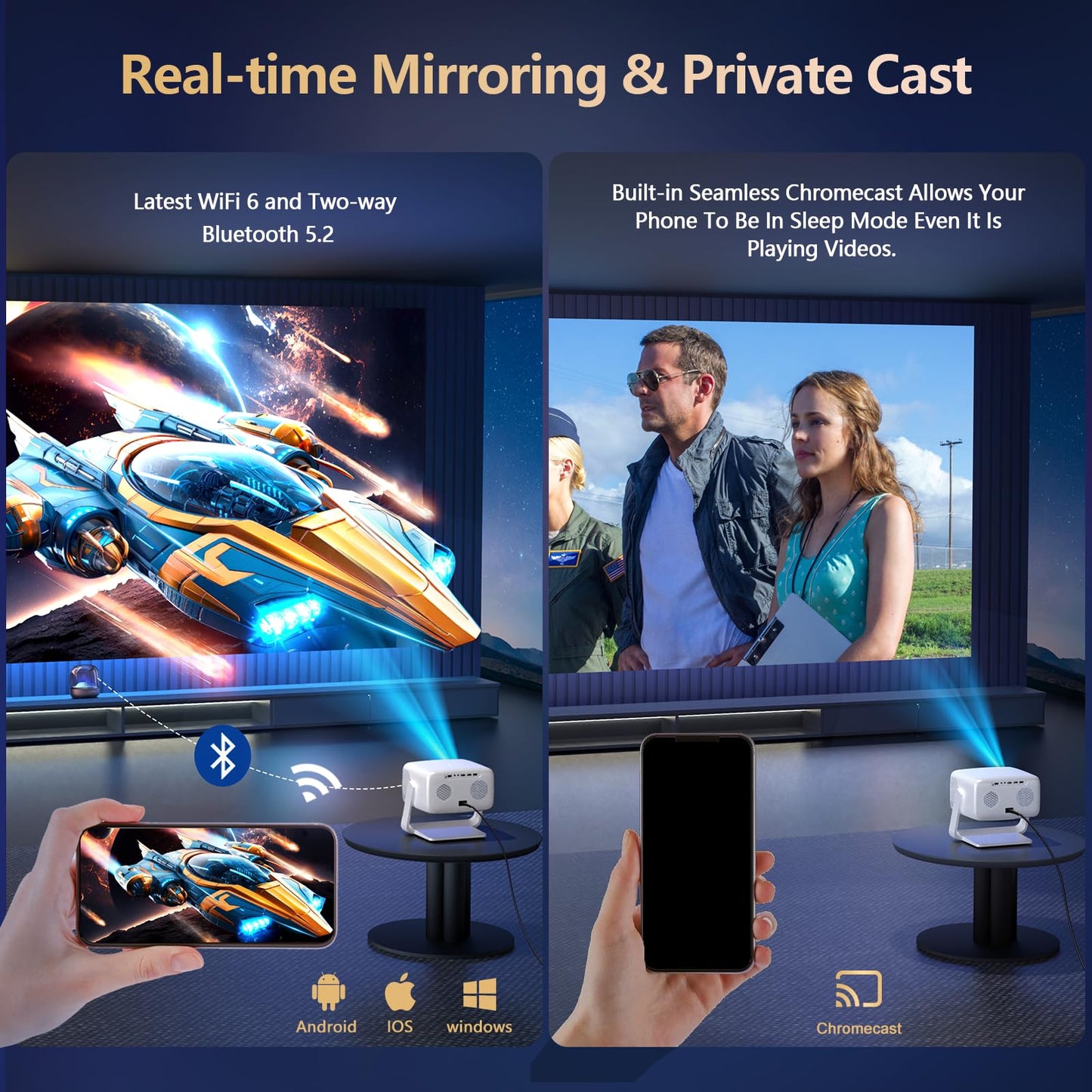 [3000+ Licensed Apps/Live TV/HDR10+/50W DoIby Audio] Smart 4K-Projector with WiFi and Bluetooth, Goiaey 3200ANSI Outdoor Projector with 360°Stand, Auto Focus, Auto Keystone, Short Throw Proyector