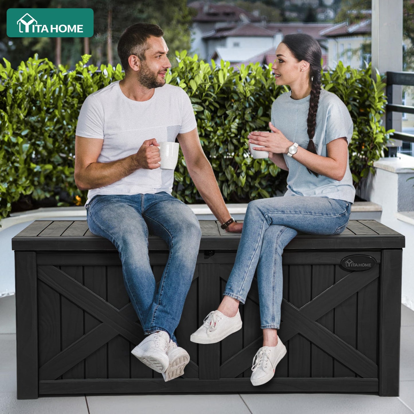 YITAHOME 150 Gallon Large Outdoor Storage Box with X-Shaped Front, Waterproof Resin Deck Box Cushion Storage Bench for Patio, Pool Supplies, Garden Tools - Lockable, Black