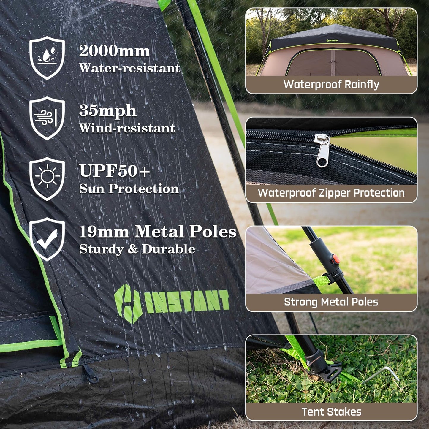 HINSTANT 4/6/8 Person Instant Tent, Waterproof Pop Up Tents for Camping with Rainfly, 60 Seconds Easy Setup, Automatic Cabin Tent for Family Camping with Expandable Carry Bag & Upgraded Ventilation