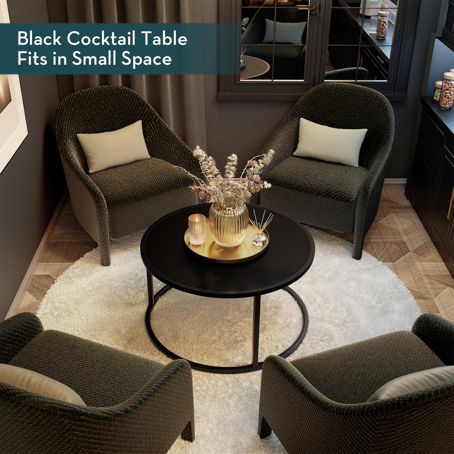 SAYGOER Small Round Coffee Table, Black Coffee Tables for Living Room, Modern Center Table for Small Space Home Office Gardern, 27.6 × 27.6 × 17.7inch, Black