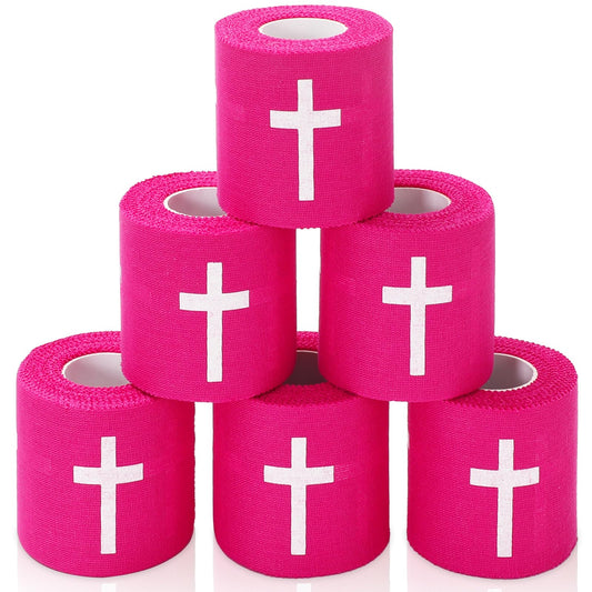 JarThenaAMCS 6 Rolls Christian Athletic Tapes Hot Pink Cross Sport Tapes First Aid Injury Wrap for Soccer Football Baseball Gymnastics Boxing Trainers Church Gifts, 2 Inch x 23 Ft