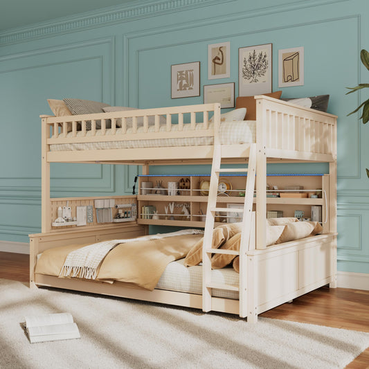 Merax Full XL Over Queen Wood Bunk Bed Frame with Integrated Side Storage Shelves and Anti Falling Rope, Color-Changing Lights, Pegboard, Safe Guardrail and Ladder, for Teens, Adults, Guests (Beige)
