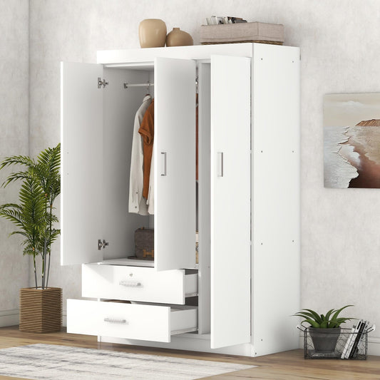 3 Door Wardrobe Cabinet Closet with Storage Drawers, Shelves and Hanging Rail for Clothes, Bedroom Organizer