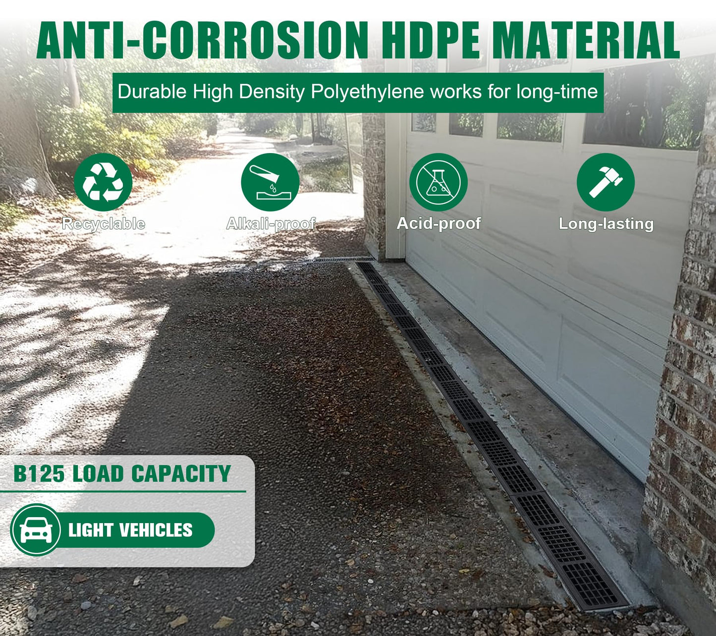Natotela Driveway Channel Drain with HDPE Grate-39.4x6.1x5.5in Deep Profile Trench Drain System for Garage,Heavy Duty Trench Drain for Parking Lot,Concrete,Patio,Sidewalk