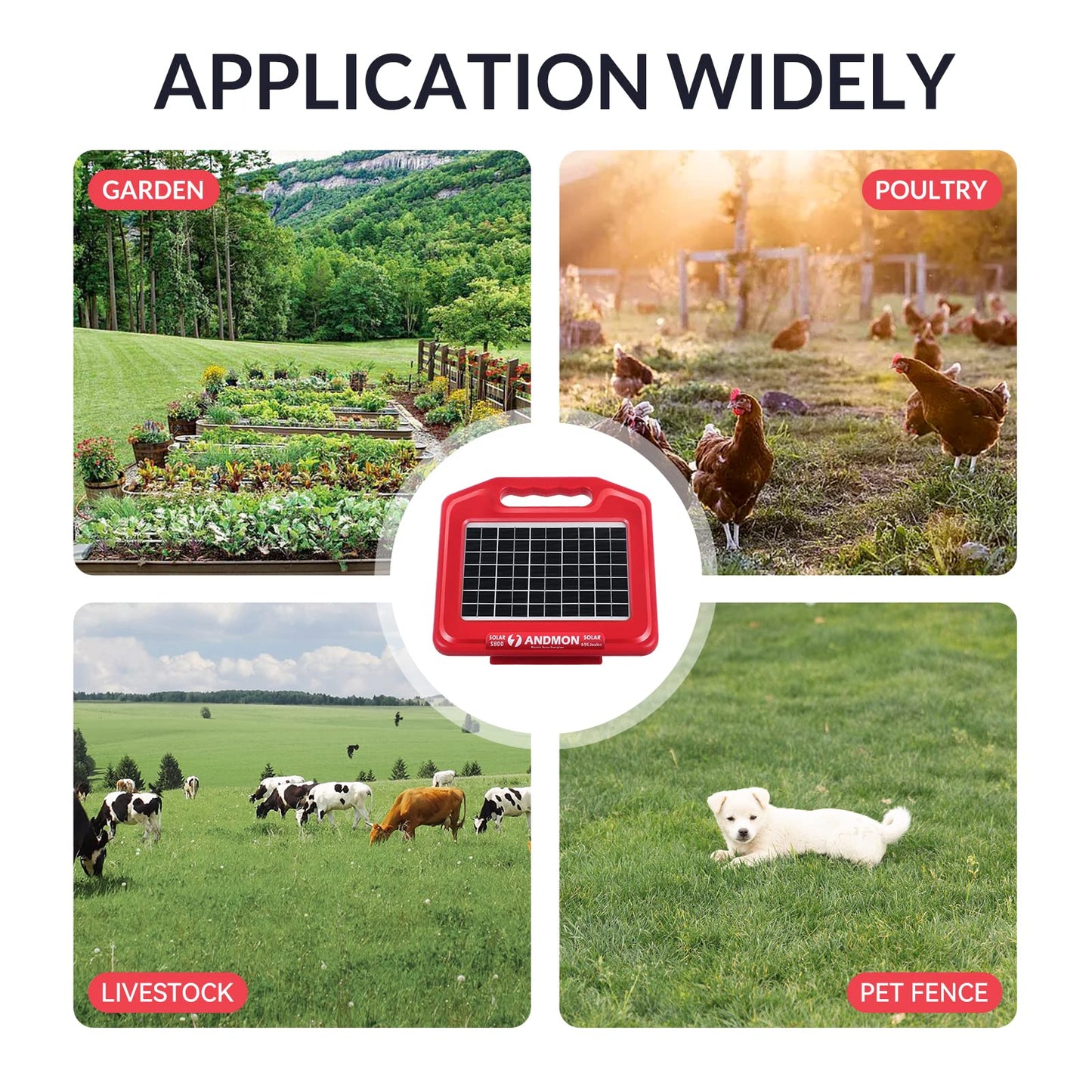 Andmon 50 Miles Solar Electric Fence Charger, 0.95 Joule High-Power Solar Fence Charger for Livestock, Horses, and Wildlife Control, Solar Electric Fence with Easy Installation