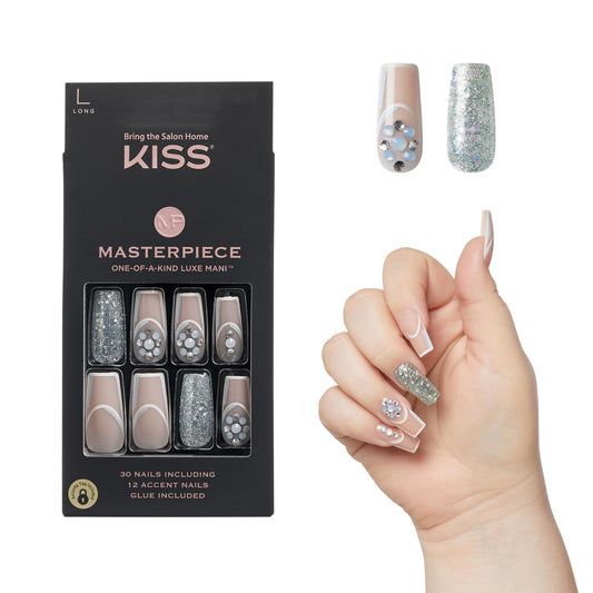 KISS Masterpiece One-Of-A-Kind Luxe Manicure – Long, Square - Members Only, Waterproof, Durable, Flexible, No Damage, Trendy & Intricate Nail Art From Home, Lasts Up to 7 Days | 30 Count