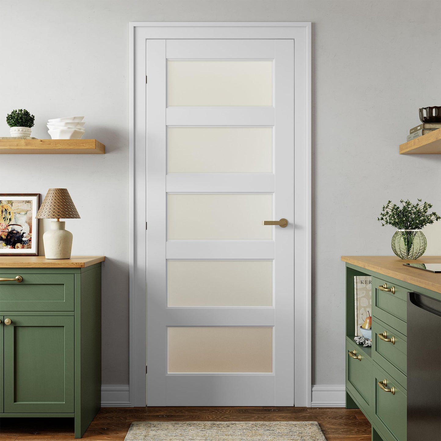 SMARTSTANDARD 5-Panel Frosted Glass Interior Door Slab, 30" x 80" Slab Door for Pantry Pocket Laundry Bathroom French, Solid Core Pre-Assembled Panel Without Hardware, White