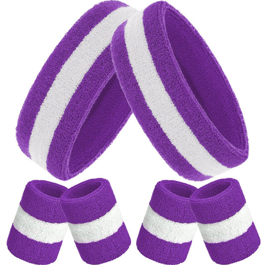 Bememo 6 Pcs Neon Sweatbands Set for Men Women 80s Tennis Striped Headband Sports Wristband Set Costumes Glow Cosplay Party(Purple and White)