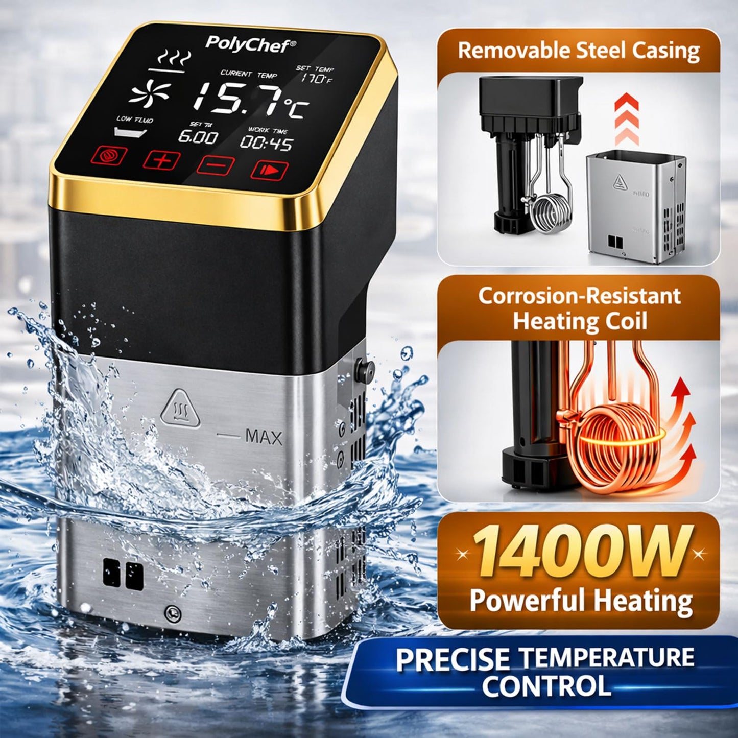 PolyChef Commercial Sous Vide Cooker 1400W – Immersion Circulator, Precision Cooker with Temperature Control & Timer, Easy-to-Use, Fast Heating Pump, IPX7 Waterproof for Home & Restaurant