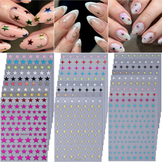 30 Sheets Metallic Star Nail Stickers 3D Colorful Stars Nail Art Stickers DIY Self-Adhesive Decals with Tweezers Gold Silver Black Green Blue Starlight Designs Y2K Decoration Manicure Accesssories