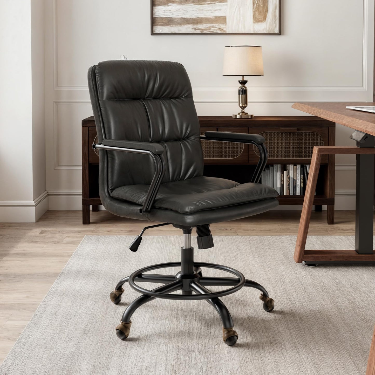 EUREKA ERGONOMIC Mid-Century Vintage Office Chair, Faux Leather Executive Desk Chair with Unique Ball Casters and Fixed Footrest Ring, Brown Retro Swivel Chair for Home Office and Study, Gray