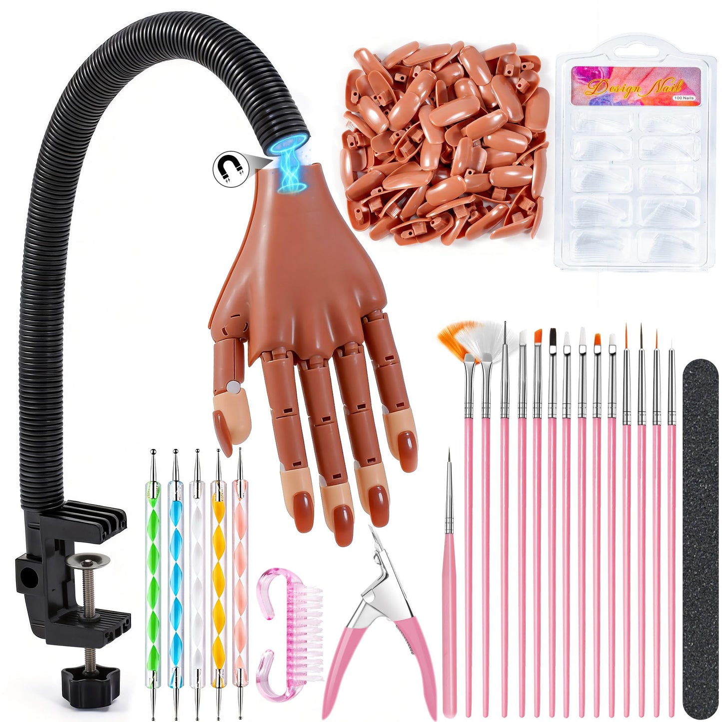 Rolybag Practice Hand for Acrylic Nails, Magnetic Nail Practice Hands, Mannequin Hand for Nails Kit for Beginners, Movable Flexible Fake Hand with 200PCS Nail Tips, Brush, File and Clipper