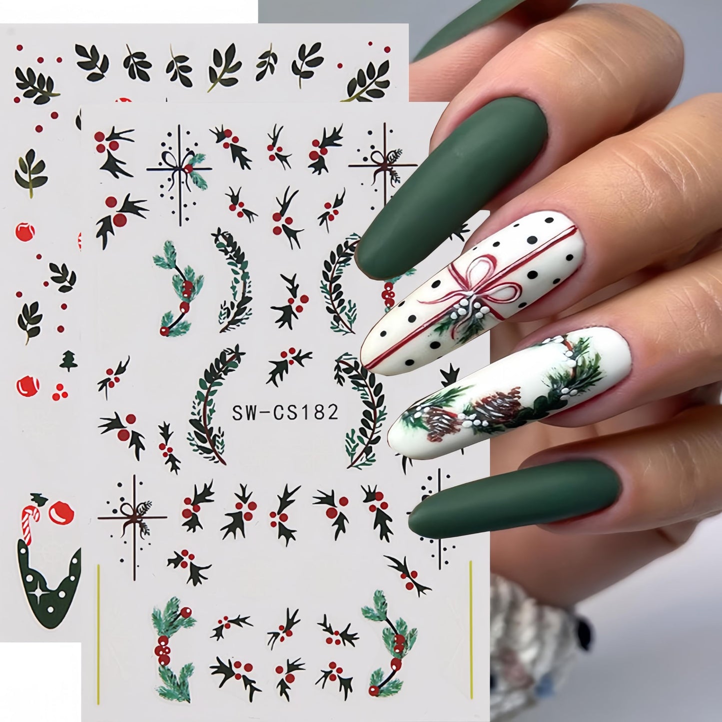 8 Christmas Nail Art Stickers Green French Snowflake Christmas Tree Elk Decal Stickers Silver Glitter Bell Bowknot Winter Design Suitable for Ladies Girls DIY Nail Art Decoration