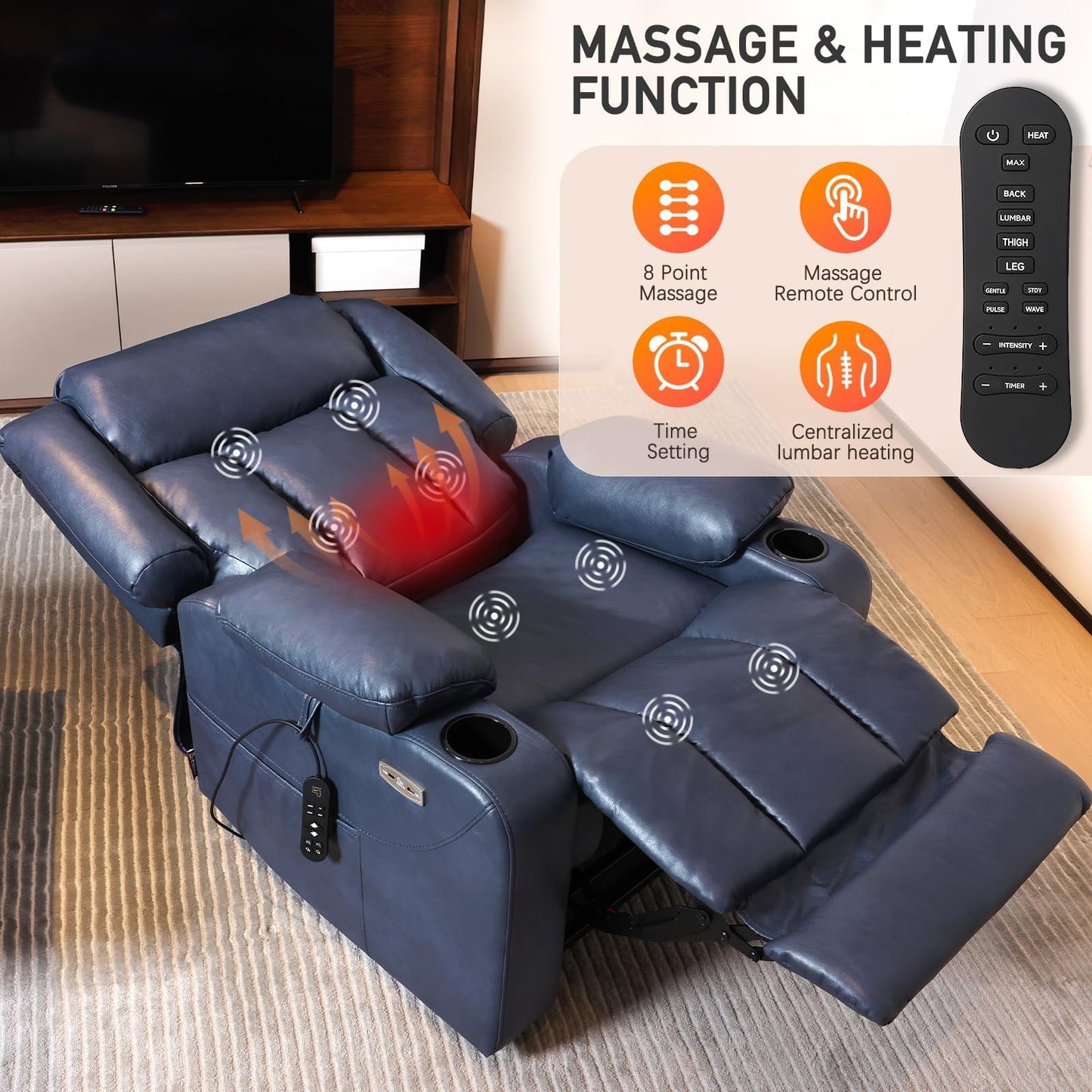 EONIX Dual Motor Oversized Power Lift Recliner Chair for Elderly, 400lbs Heavy Duty Faux Leather Recliner with Massage and Heat, Big and Tall Lay Flat Lift Chair with Cup Holders, SLRY006, Navy Blue