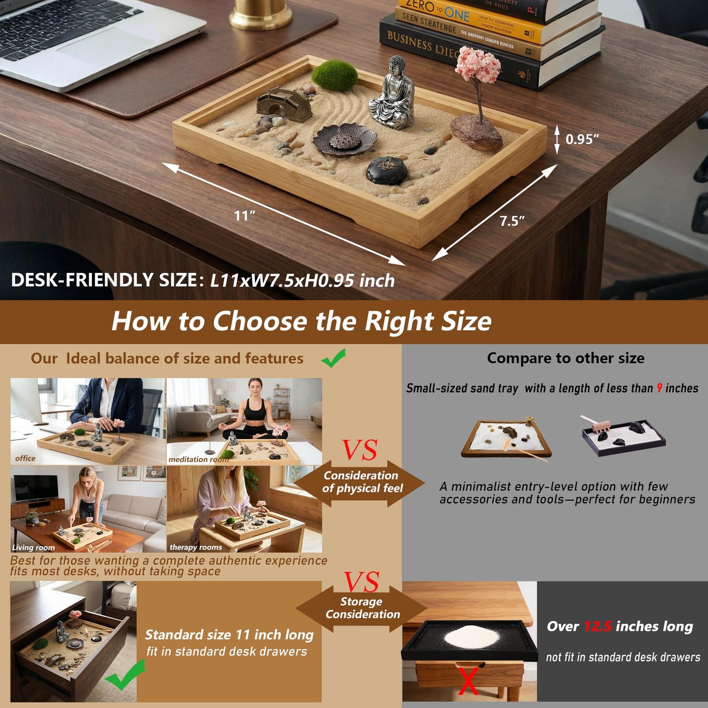 Zeckzoin Zen Sand Garden Kit for Desk with Incense Stick Holder 11"x7.5" 6 Tools, 16 Accessories