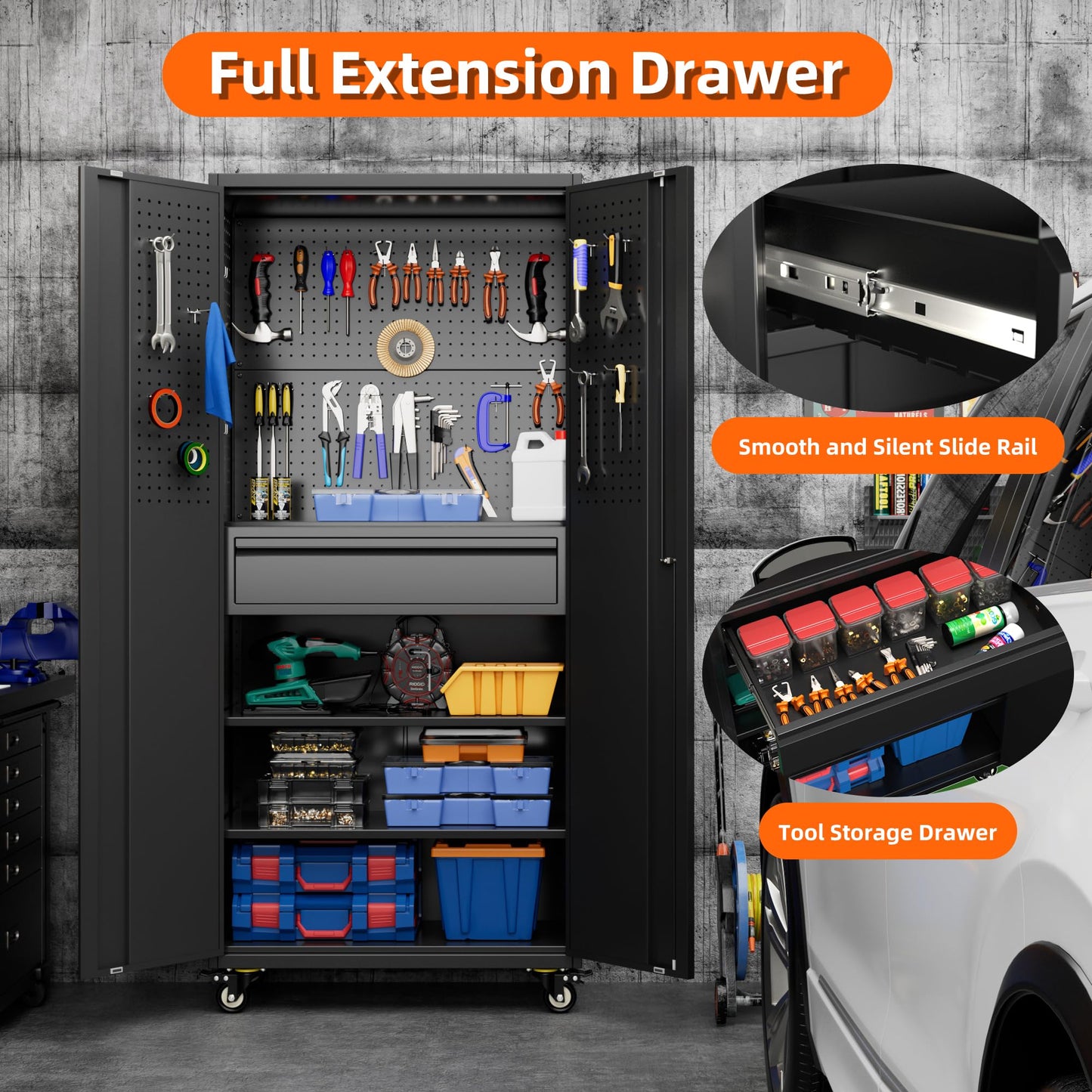 Metal Garage Storage Cabinet with Wheels and Doors,71" H Rolling Tool Cabinet with Pegboard and Drawer for Garage Warehouse Home,Required Assembly,Black
