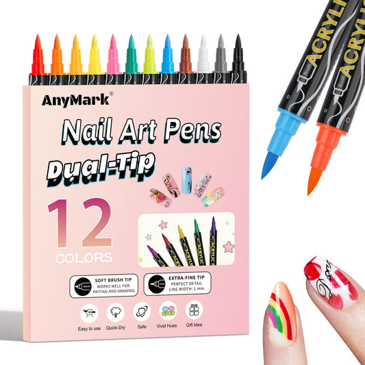 AnyMark 12 Colors Nail Art Pens Set, Dual Tip Nail Polish Pens, Quick-Dry Acrylic Paint Markers, Dotting & Liner Brush for DIY 3D Nail Art Design Manicure Tools