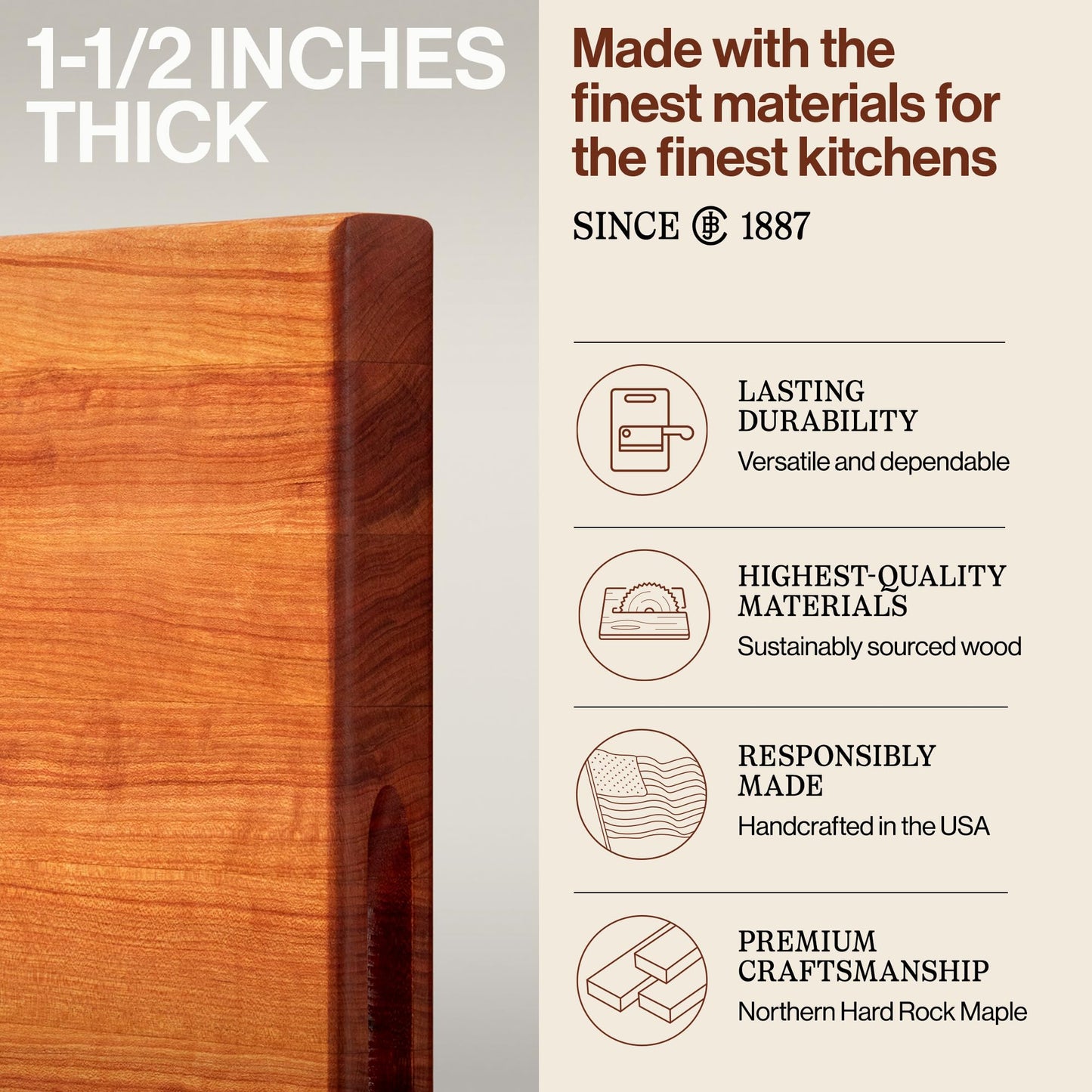 John Boos R-Board Series Rectangular Wooden Cherry Cutting Board 24”x18” – 1.5” Thick, 13.5-lb Reversible Butcher Block with Edge-Grain & Finger Grips – Made in the USA
