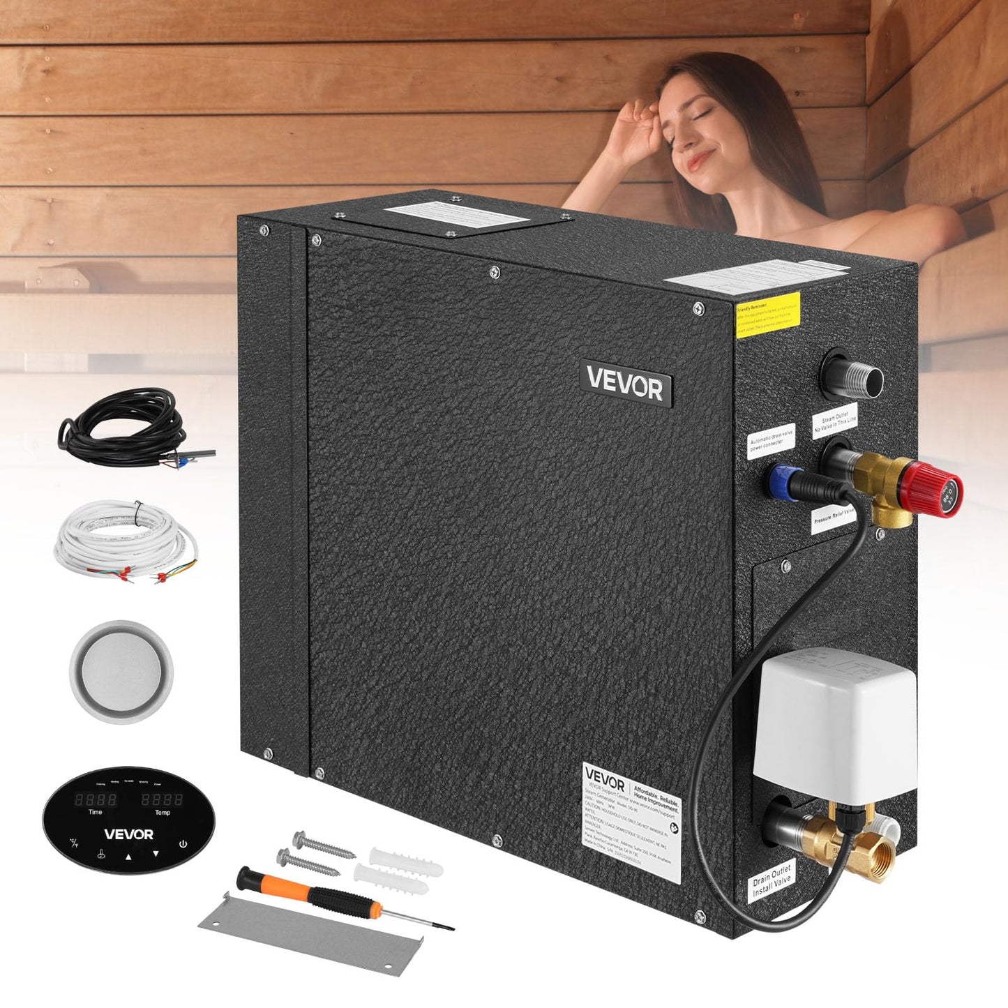 VEVOR Steam Generator, 9 kW Steam Shower System with Controller for Home Sauna & Spa, Commercial Auto Drain Kit with Overheat, Dry-Run & Overpressure Protection, 10min to 24h Timer, Black