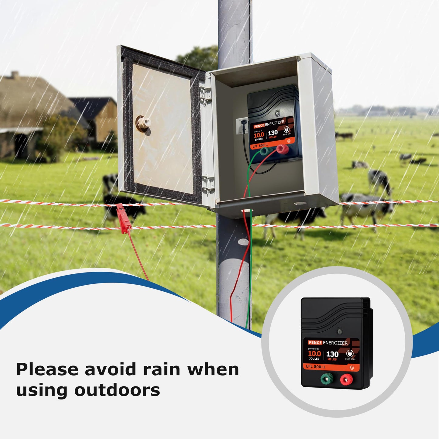 Electric Fence Charger AC Powered 130 Miles, 110 Volt 10 Joule Plug-in Electric Fence Energizer, Output Voltage Max 11.4 KV for Livestock, Preventing Predators from Intruding