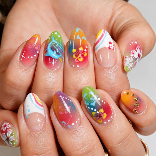 Medium Press on Nails Almond Fake Nails Colorful Artificial Nail Tropical Flower Dolphin Rainbow Gradient Star Dot Summer Beach Design Stick on Nail for Women 24pcs