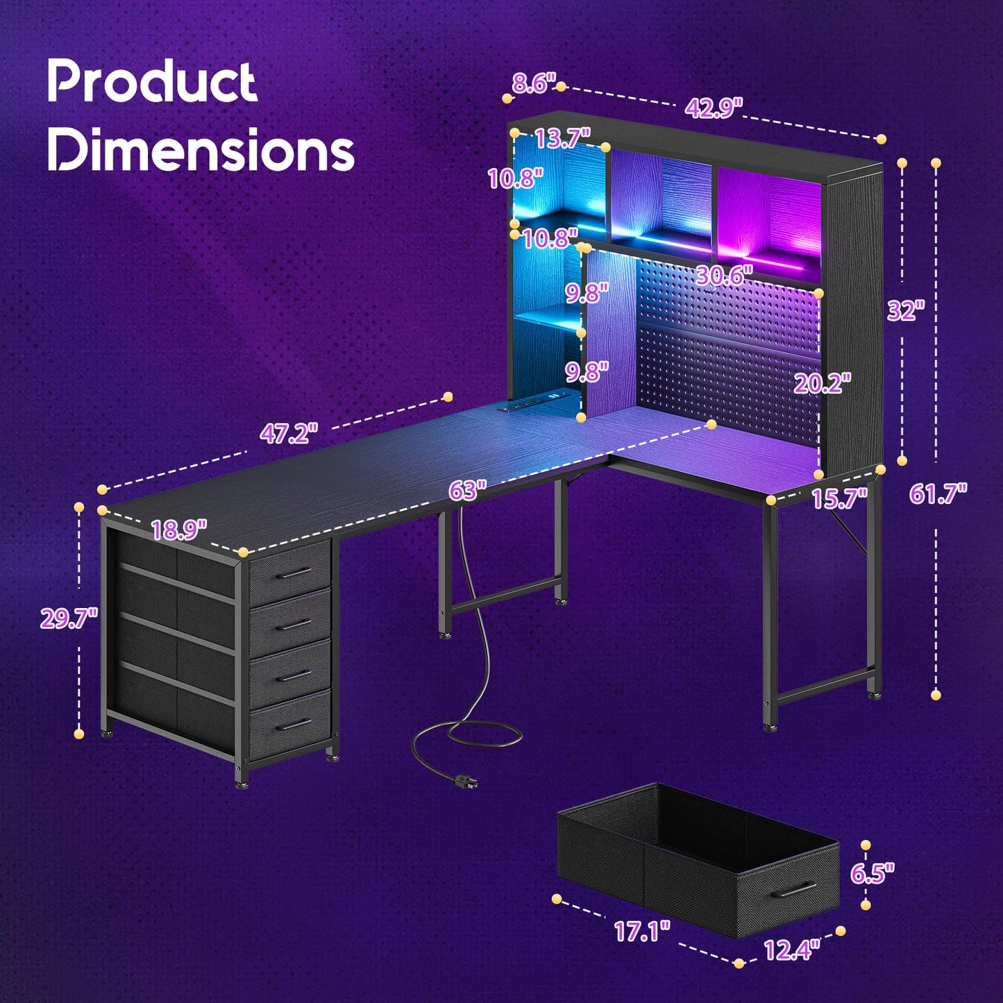 AODK 63" L Shaped Gaming Desk with Hutch, Storage & Shelves, L Shaped Desk with 4 Drawers, Inserted LED Light Strip & Power Outlets, Computer Desk with Pegboard for Entertainment, Office Desk, Black