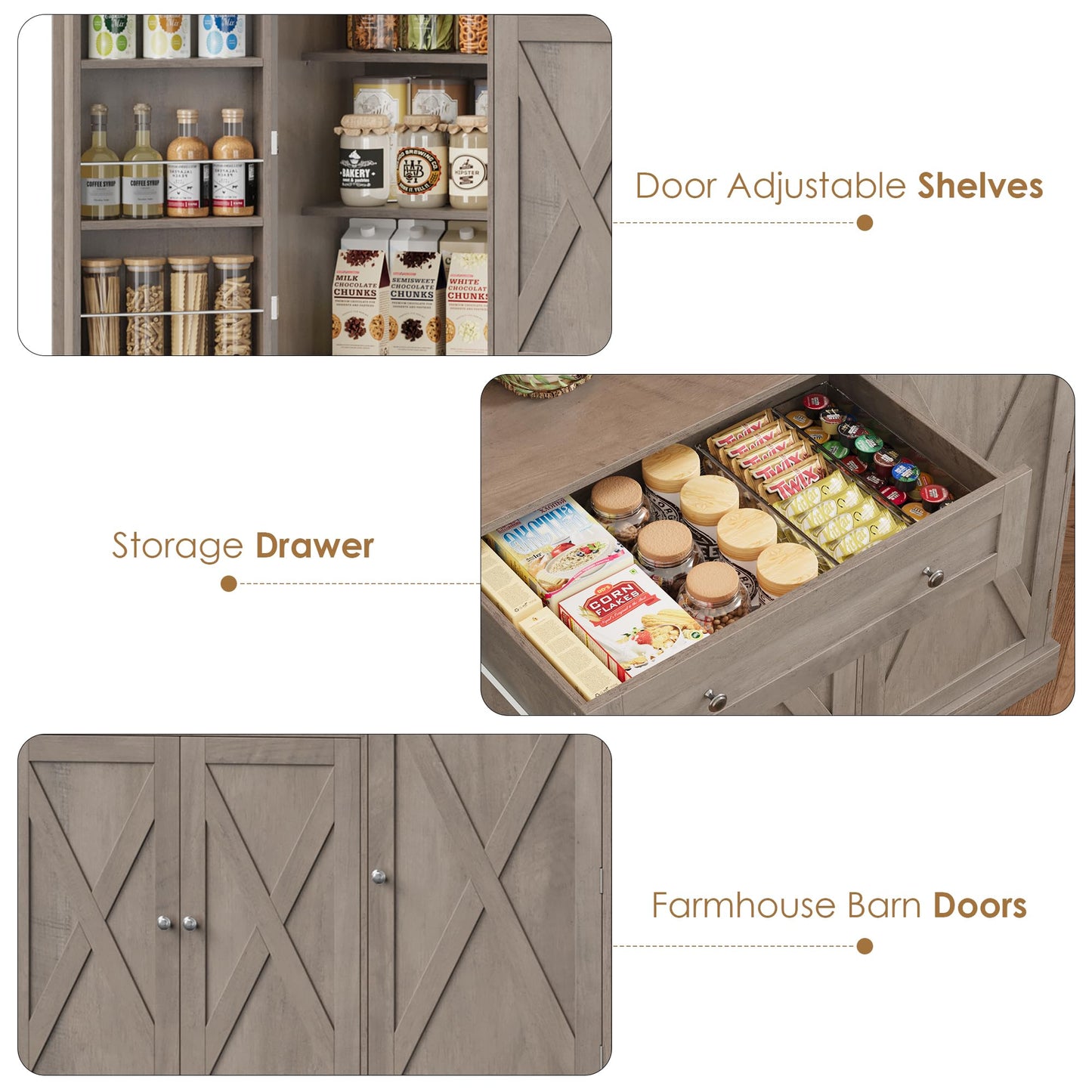 HIFIT 72.8” Tall Kitchen Pantry Cabinet with LED & Charging Station, 55” Wide Farmhouse Pantry Storage Cabinet with Microwave Stand&Shelves&Barn Doors, Kitchen Hutch Coffee Bar for Living Room, Grey