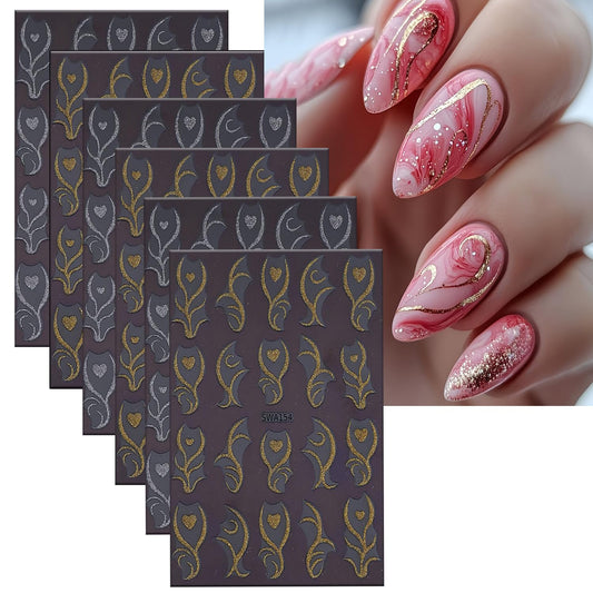 CJDLTS 6 Sheets French Lines Nail Art Stickers Gold $& Silver Glitter Love Nails Stickers 3D Self -Adhesive Love Heart Stripes Nail Decals Holographic French Nail Decoration for Women DIY Manicure