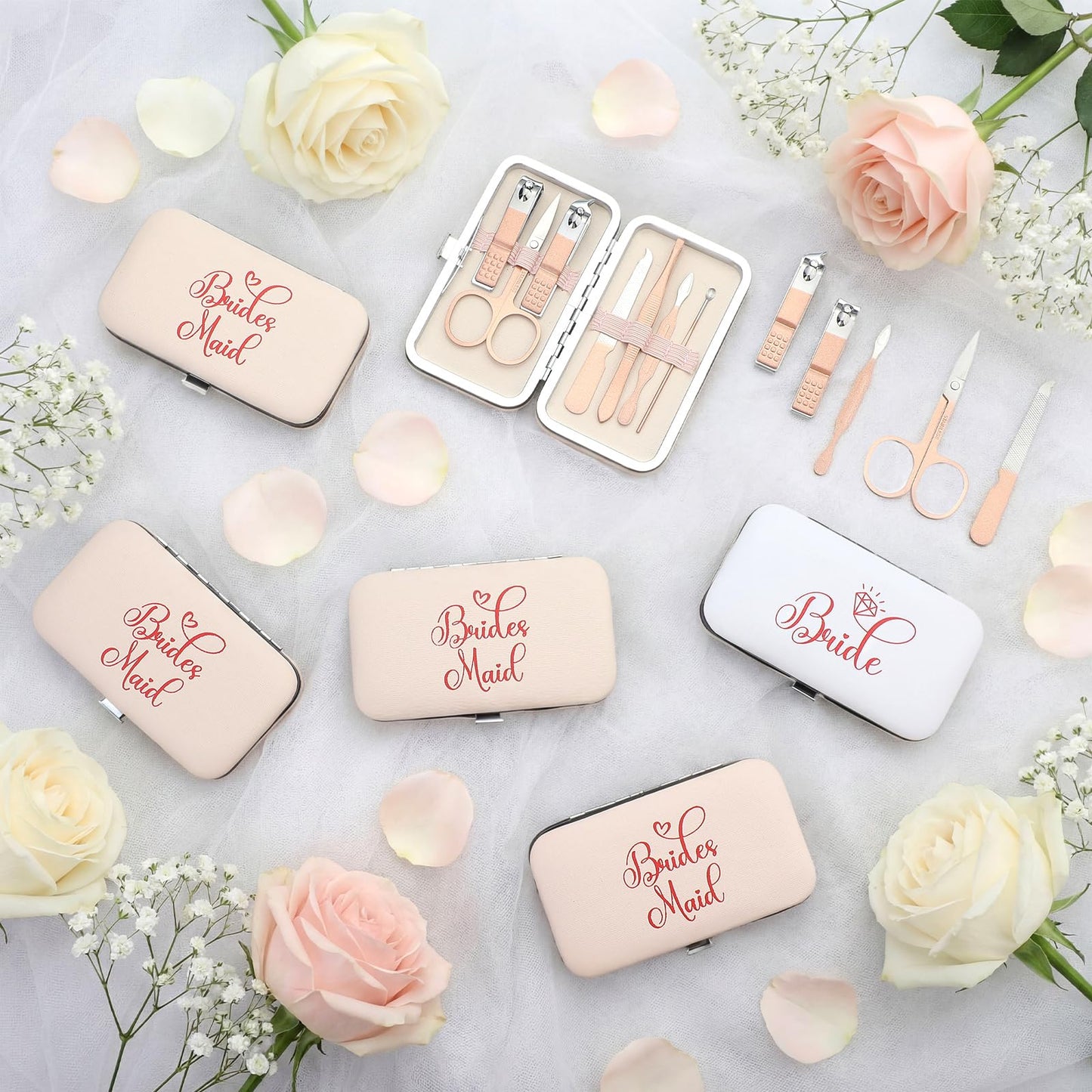 Lanties 8 Pack Bridesmaid Proposal Gifts 7 in 1 Manicure Set Gifts for Women 1 Bride Stainless Steel Nail Clipper Set 7 Bridesmaid Manicure Sets for Bridal Shower Wedding Bachelorette Party Favors