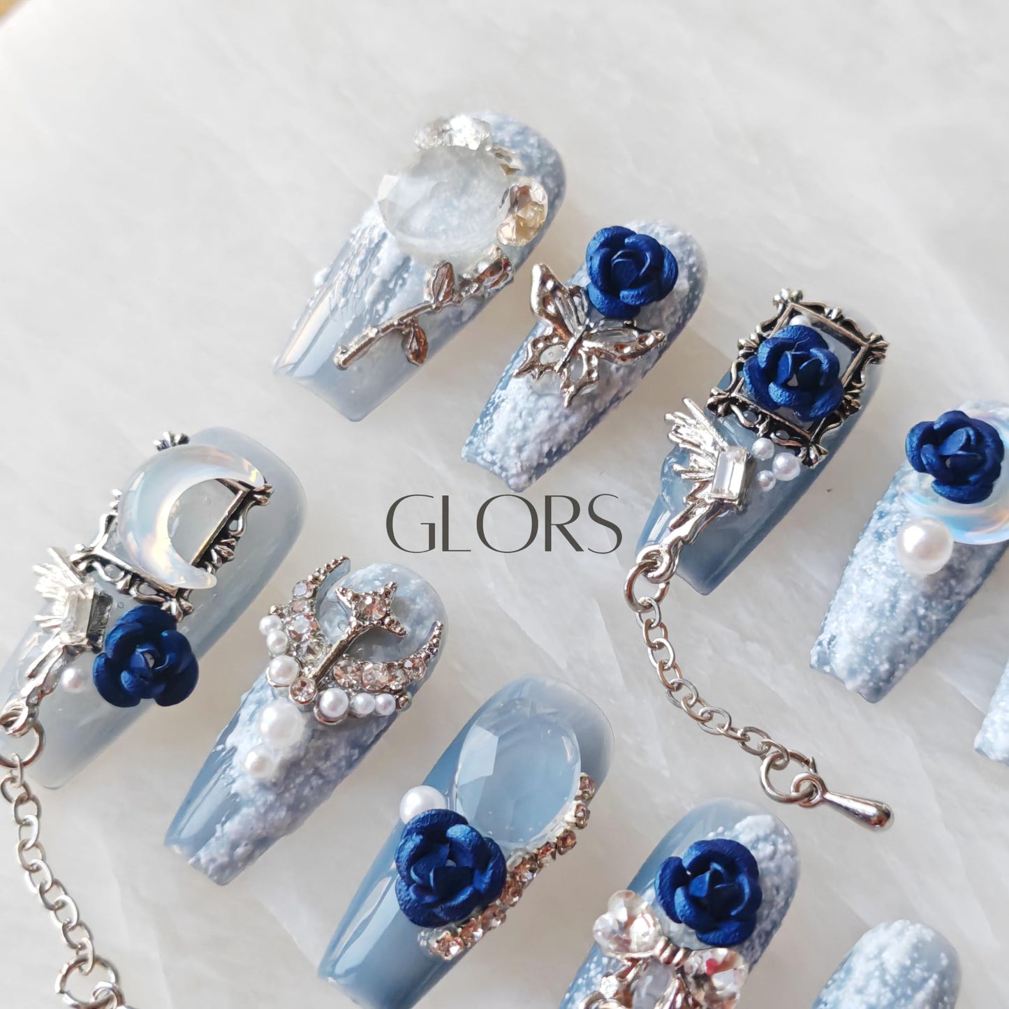 GLORS Handmade Press On Nails, 3D Blue Rose Design with Moon Charms, Long Coffin Style, 10 Pieces (Small,LB)