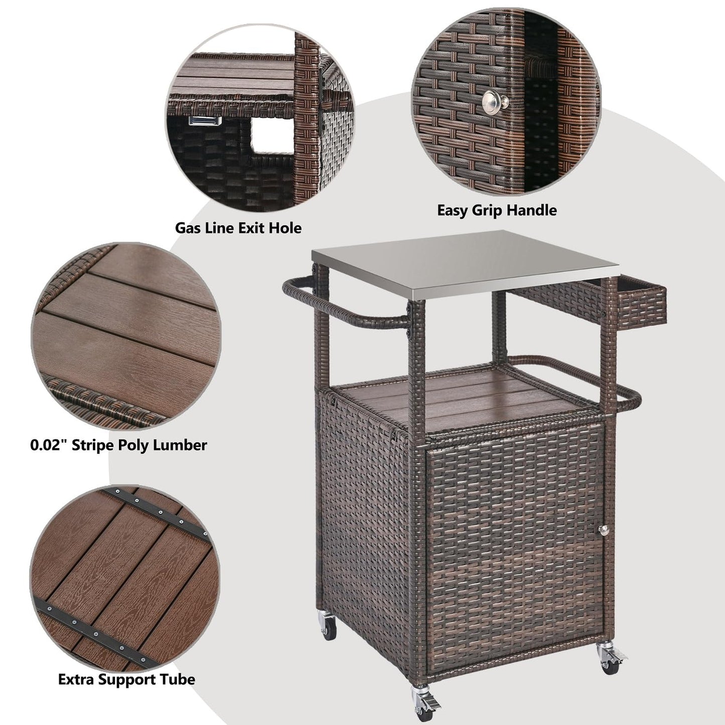 Grill Cart Outdoor with Wheels Outdoor Prep Table Grill Station with Storage Outdoor Kitchen Island Serving Cart with Stainless Steel Table Top BBQ Storage Cabinet for Outside Wicker Bar Cart Brown
