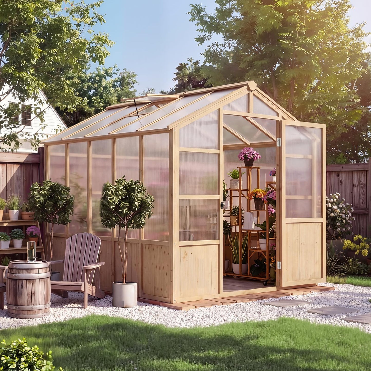 Large Wood Frame Greenhouse for Outdoor - Wooden Walk-in Greenhouse Kit with Polycarbonate Panels, Ventilated Window & Lockable Door for Garden, Backyard, Patio, Lawn, Plant House