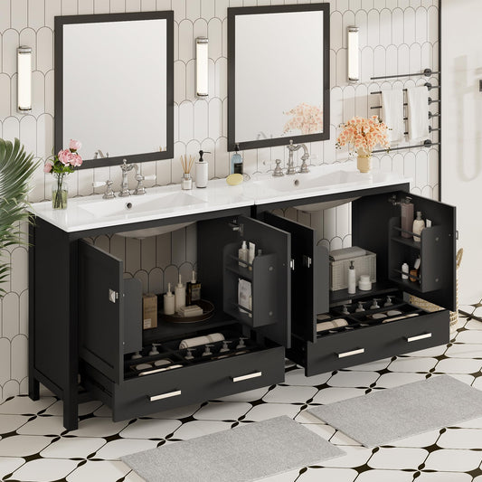 Favfurish 72" Double Bathroom Vanity with Ceramic Sink,Free Standing Single Basin Vanity Set w/Storage Shelves & Divided Drawer,Soft-Close Doors,Bathroom Storage Solution,Mirror Not Included,Black