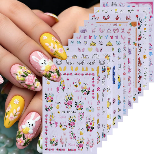 Easter Bunny Nail Art Stickers Decals 12 Sheets 3D Self-Adhesive Cute Rabbit Nail Art Stickers Easter Egg Chick Ears Designs Colorful Flower Daisy Spring Sliders Holiday Manicure Decoration