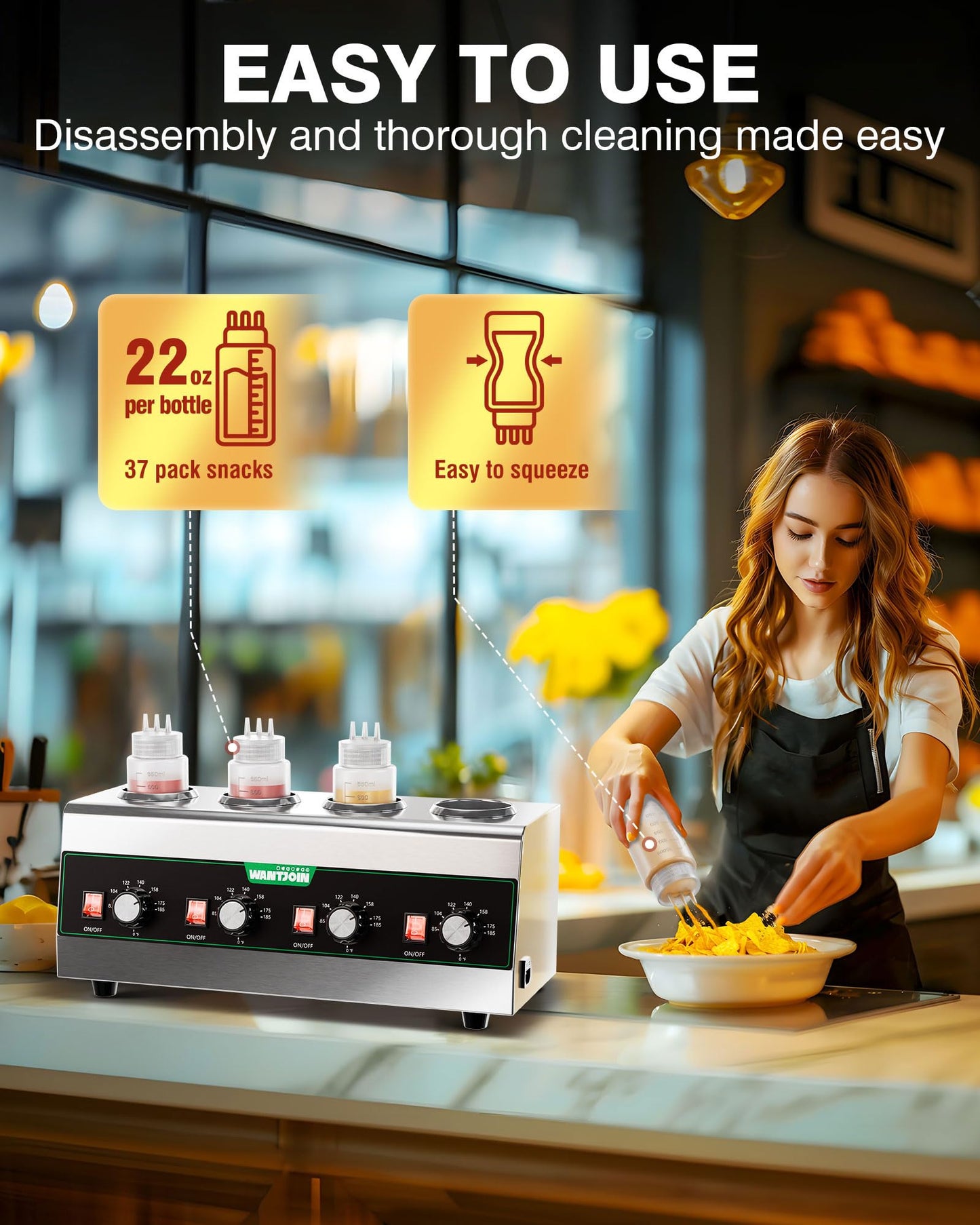 WantJoin Electric Sauce Warmer Dispenser, Countertop Stainless Steel Sauce Heat Preservation Machine 640W Hot Fudge Nacho Cheese Ketchup Chocolate Warmer for Commercial with 650ml Squeeze Bottle*4