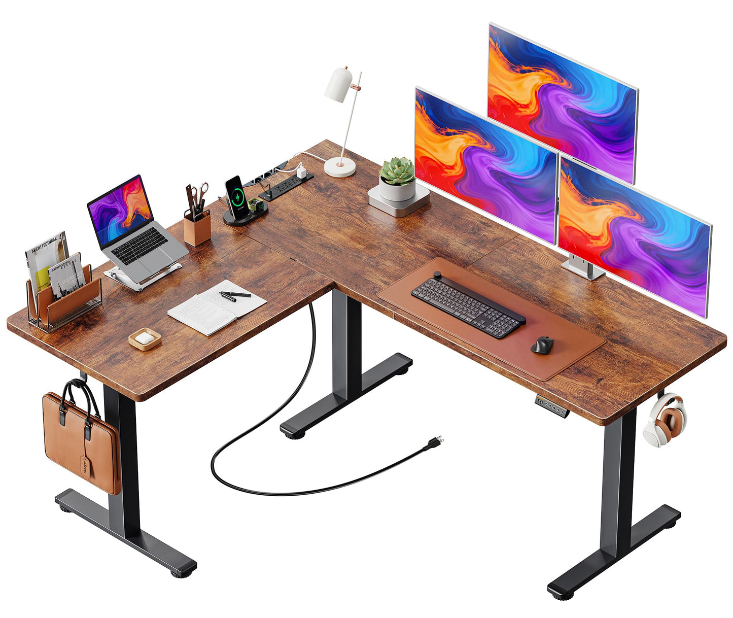 Huuger L Shaped Standing Desk with Power Outlets, 63 x 55 Inch Height Adjustable Computer Desk for Bedroom, Corner Stand up Desk for Home and Office, Work and Study, Rustic Brown