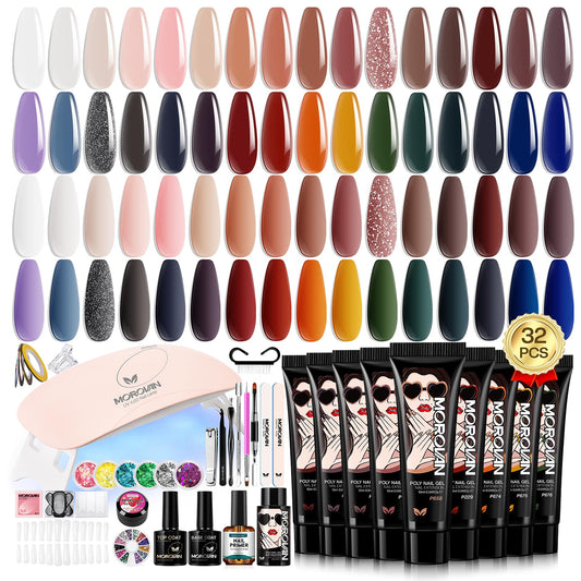 Morovan Poly Nail Gel Kit: 32 Colors Classics Tones Complete Extension Gel Nail Kit with UV Lamp Slip Solution Builder Manicure Tools for Starter DIY Salon Use 2025 Fall