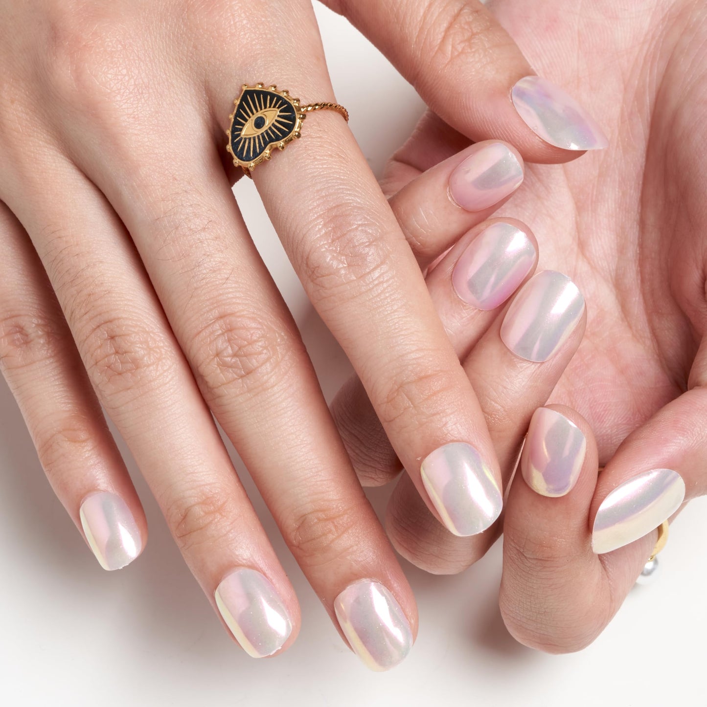 GLAMERMAID Pure White Pearl Chrome Extra Short Press on Nails, Glazed Handmade Gel Fake Nails Short Squoval, Mirror Powder Square Glue on Nails, Acrylic False Nails, Glossy Round Fake Nails for Women