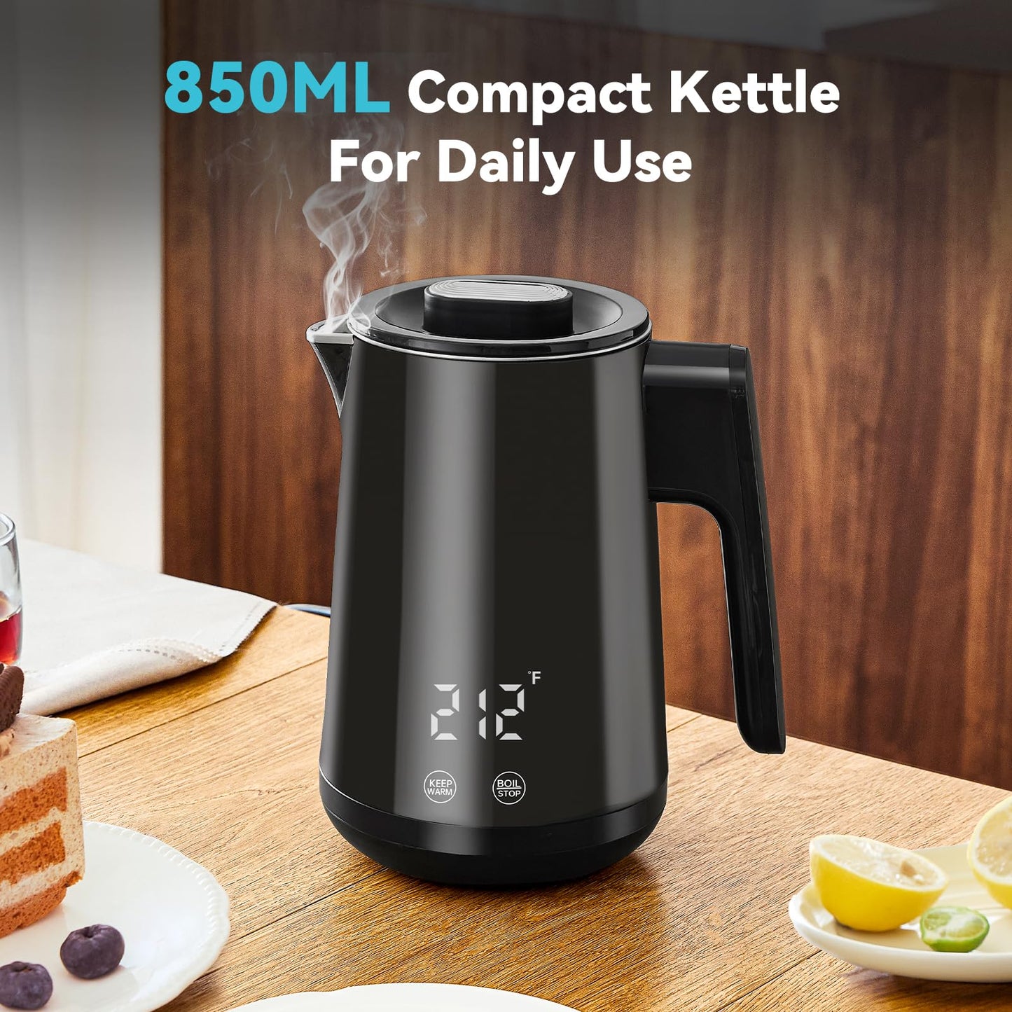 Seehot® 850ml Small Electric Kettle Temperature Control,800W Double Wall Electric Tea Kettle of 304 Stainless Steel,5 Temp Presets,Hot Water Kettle Electric,Auto Shut Off for Tea and Coffee-Black