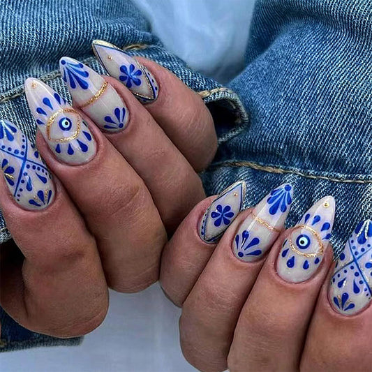 FJSMTOPl Almond Press on Nails - Boho Fake Nails Press ons - with Designs Blue False Nails - Acrylic Glue on Nails - Artificial Stick on Nails - for Women Manicure 24Pcs