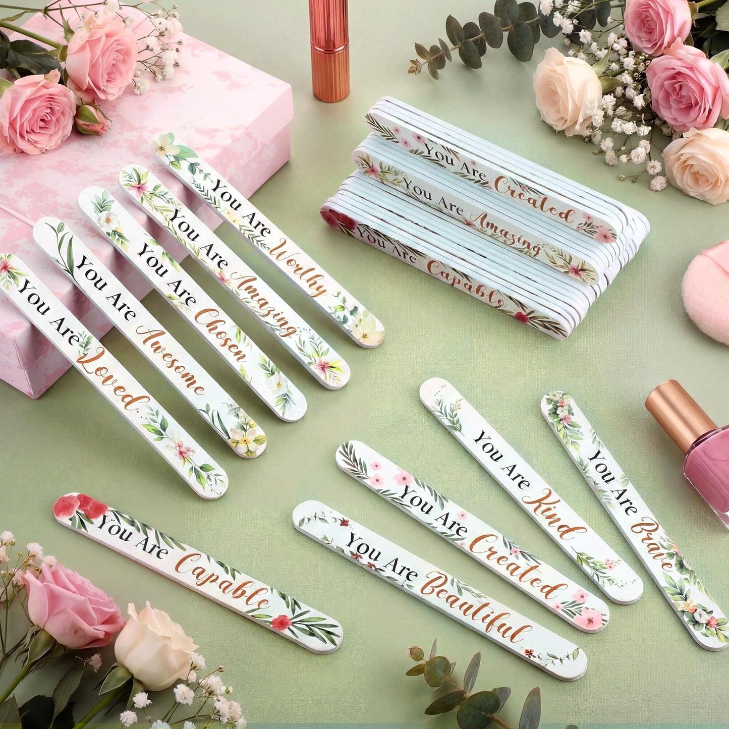 Therwen 50 Pcs Mothers Day Gifts Bulk Floral Christian Nail File Small Mom Women Church Gift Bulk Double Sided Emery Board Nail File Tool for Mother's Supply(Green Leaves Inspirational)