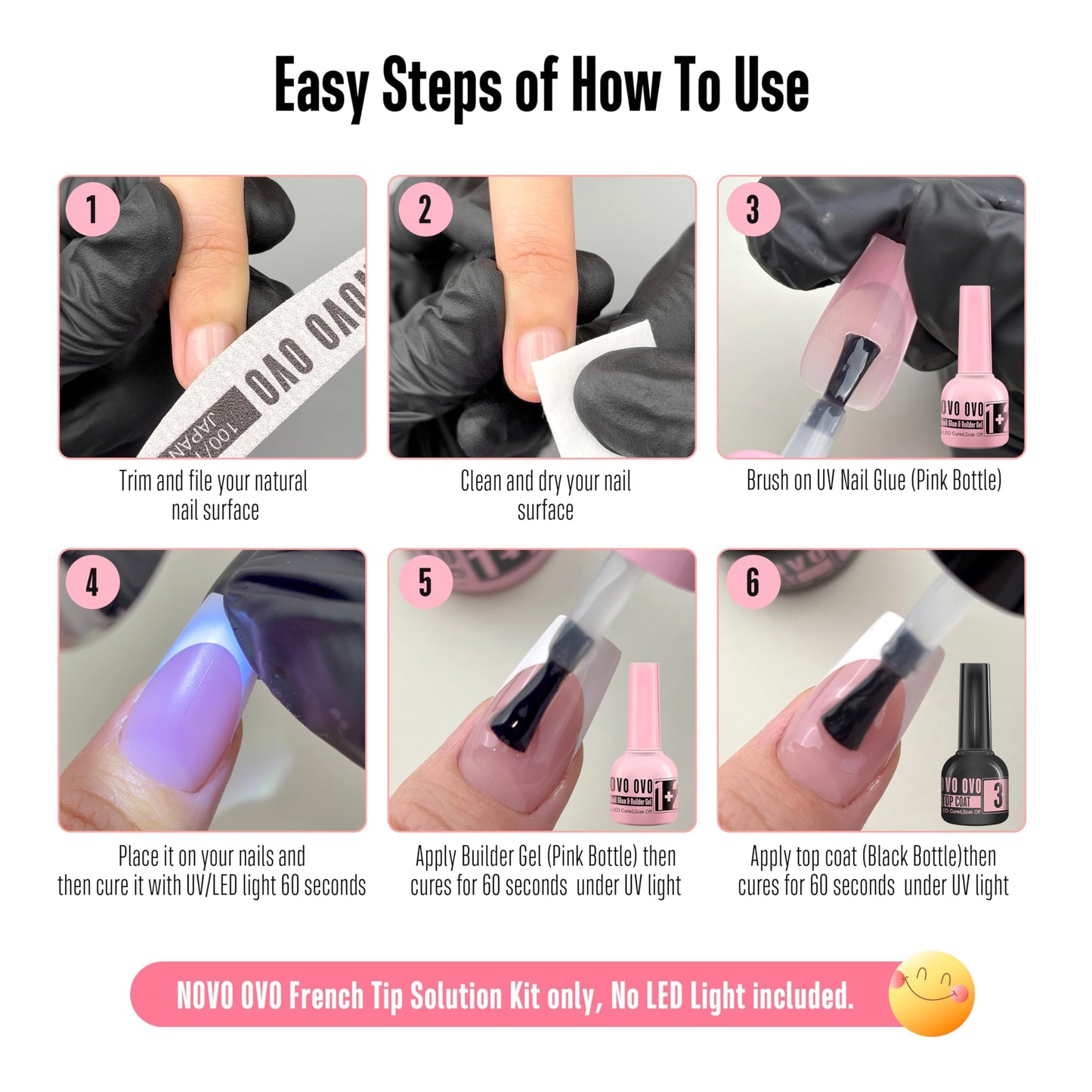 UV Nail Glue and Builder Gel 2 in 1, No Wipe Top Coat Kit for Predesigned French Tip Nail Tips, NOVO OVO Super Strong Adhesive for Press on Nails, 30+ Days Long Lasting, Salon Effect, Easy to Use