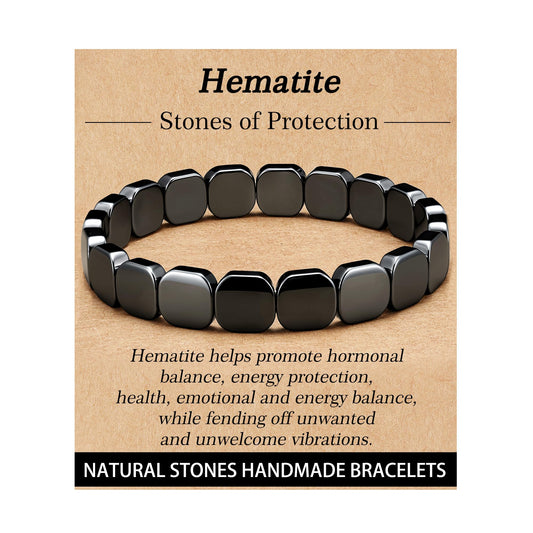 HEYOLL Hematite Bracelet Men Natural Stones Handmade Bracelets Hematite Stone Healing Bracelet, Mens Bracelet Gifts for Husband Brithday Valentines Day Gifts for Men