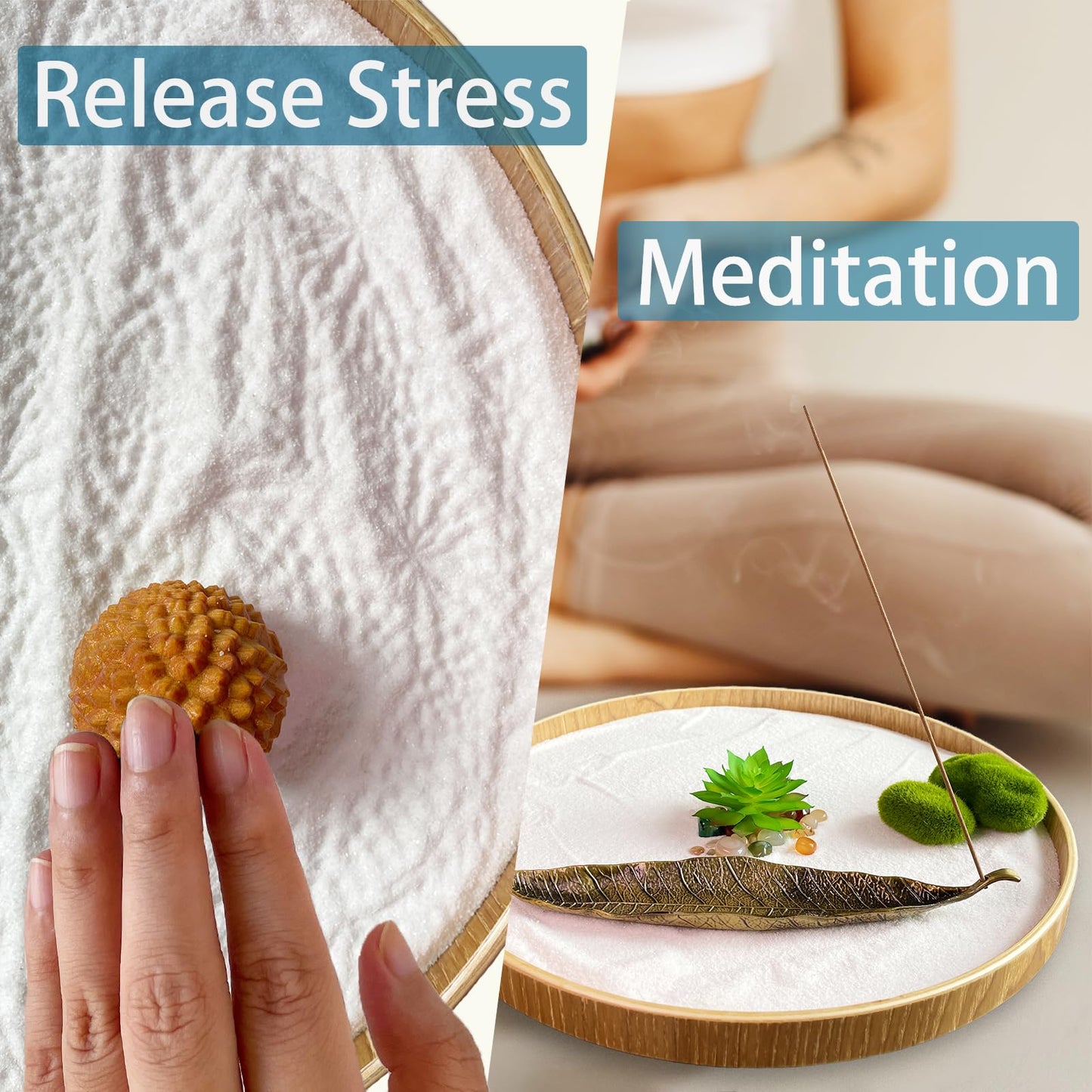 Threeheng Japanese Zen Garden Kit for Desk, Bamboo Sand Garden Meditation Therapy Tray Gift Set, Mini Zen Décor Office Desktop Accessories - 2 Textured Spheres, Incense with Holder
