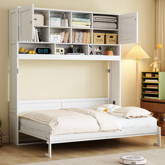 Merax Queen Size Murphy Bed Wall Bed with Top Storage Cabinets and Shelves, Fold into The Wall, Space-Saving Design, White Foldable Platform Bed Frame with Chevron Stripes, for Bedroom, Guest Room