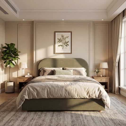 Christopher Knight Home Lanet Linen Upholstered Queen Size Bed Frame with Headboard, Modern Queen Bed Frame and Headboard, Wooden Slats Support, Easy Assembly, No Box Spring Needed, Olive Green