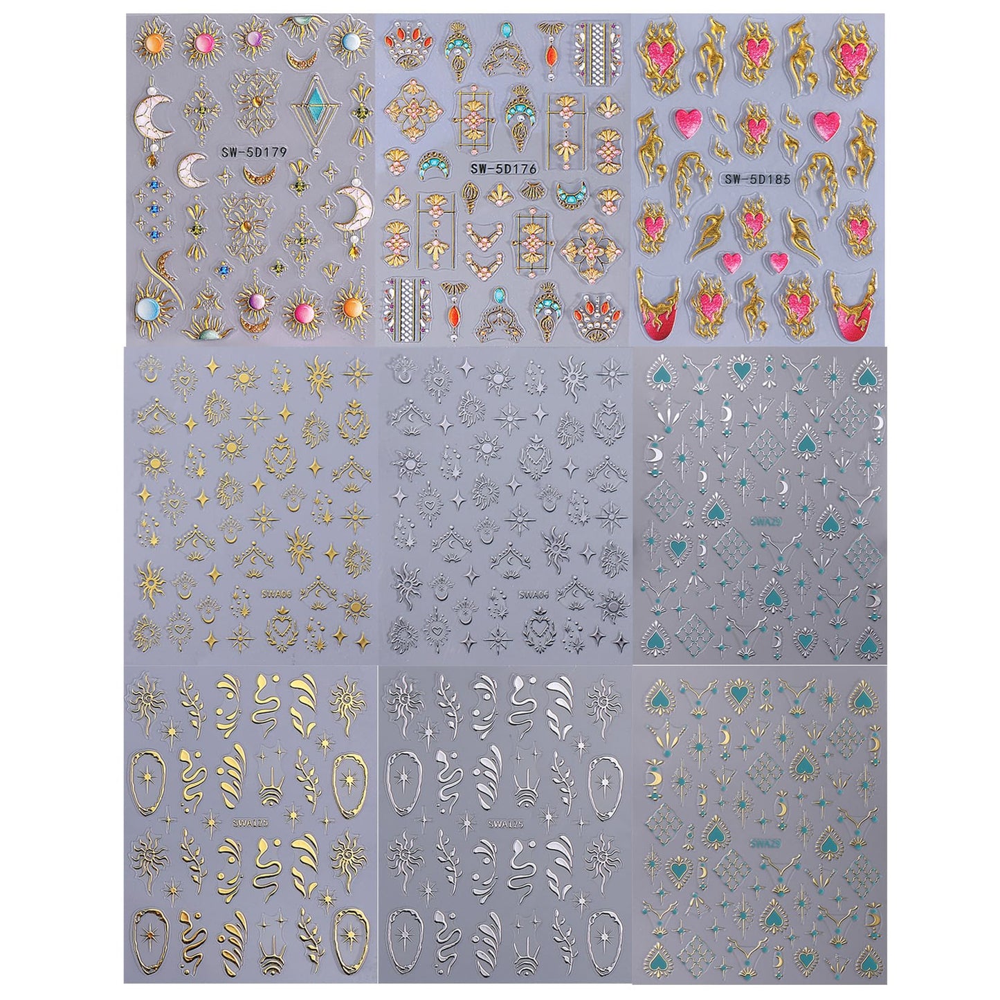 Sun Nail Stickers Decals 9 Sheets Bohemian Style Nail Art Stickers 5D/3D Embossed Self Adhesive Moon Star Heart Flame DIY Metallic Designs Gothic Decoration Supplies Nail Accessories for Women