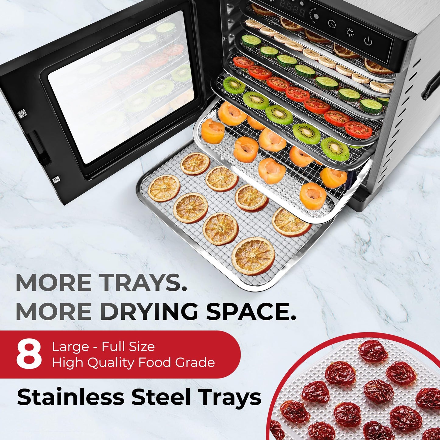 Rosewill Food Dehydrator | Powerful 400W Rear Fan Even-Drying System | 8 Full-Size Stainless Steel Trays | 95°-195° Temperature Control, 48H Timer, Keep Warm + Auto Shutoff | Jerky, Herbs, Meat